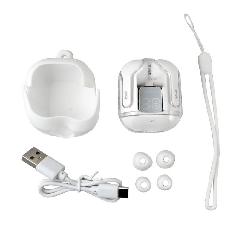 Audífonos MLAB TWS Glass Crystal Blancos– Bluetooth V5.4, Estuche Silicona Inicio