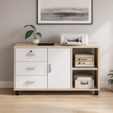 Gabinete con 3 cajones y ruedas color madera Inicio