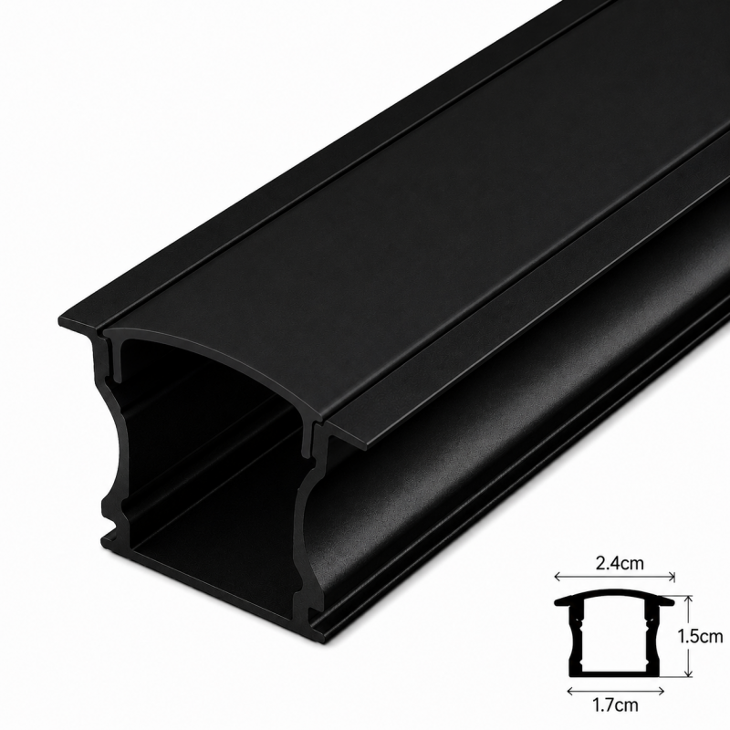 Perfil 2M Negro Difusor de 0.55MM Modelo 613B plano alto embutido tapa y hebilla, Konnergie Iluminación